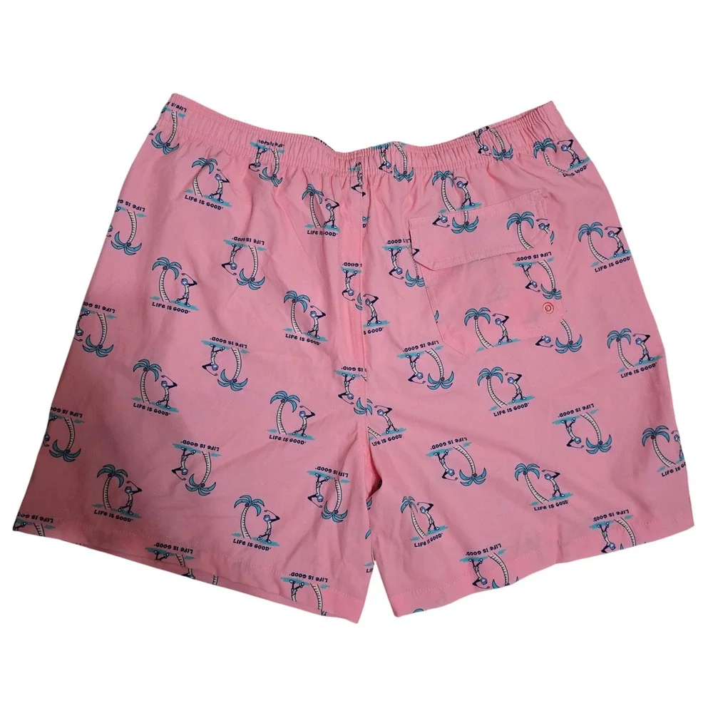 Life‎ is Good Mens Swim Trunks XL Pink Golfing Palm Tree Board Shorts UPF 50+